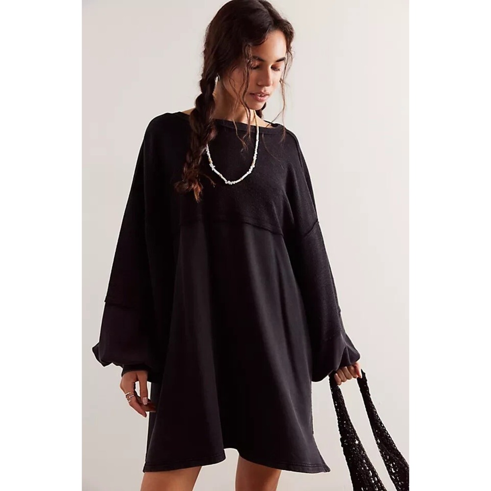 We The Free Free People Oversized Tunic Dress Black Mixed Media Balloon Sleeve M